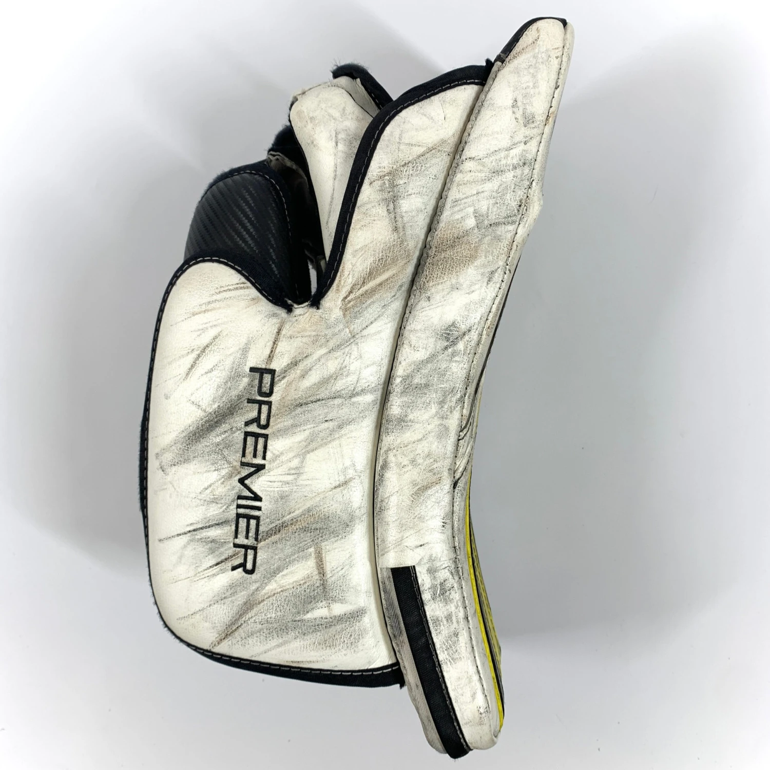 Bauer CCM Premier Pro - Used Pro Stock Goalie Blocker (White/Yellow/Black) 2 Bauer CCM Premier Pro - Used Pro Stock Goalie Blocker (White/Yellow/Black) - Image 2