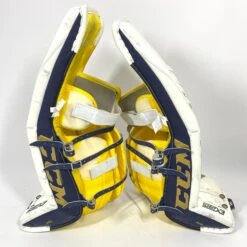 CCM Extreme Flex 4 - Used NCAA Pro Stock Senior Goalie Pads (White/Gold) -Bauer Store Photo2023 05 24 121529PM
