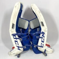 CCM Extreme Flex III - Used NCAA Pro Stock Senior Goalie Pads (White/Blue/Red) -Bauer Store Photo2023 05 24 123939PM
