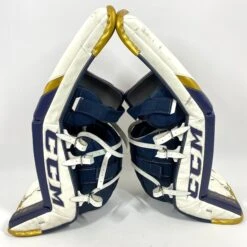 CCM Extreme Flex 5 - Used NCAA Pro Stock Goalie Pads (White/Blue/Gold) -Bauer Store Photo2023 06 09 11606PM