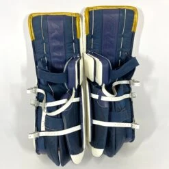 CCM Extreme Flex 5 - Used NCAA Pro Stock Goalie Pads (White/Blue/Gold) -Bauer Store Photo2023 06 09 11637PM
