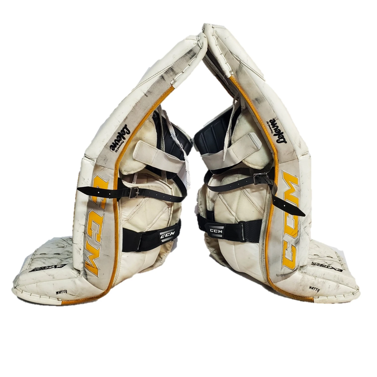 CCM Extreme Flex IV - Used Pro Stock Goalie Pads - (White/Yellow/Black) 2 CCM Extreme Flex IV - Used Pro Stock Goalie Pads - (White/Yellow/Black) - Image 2