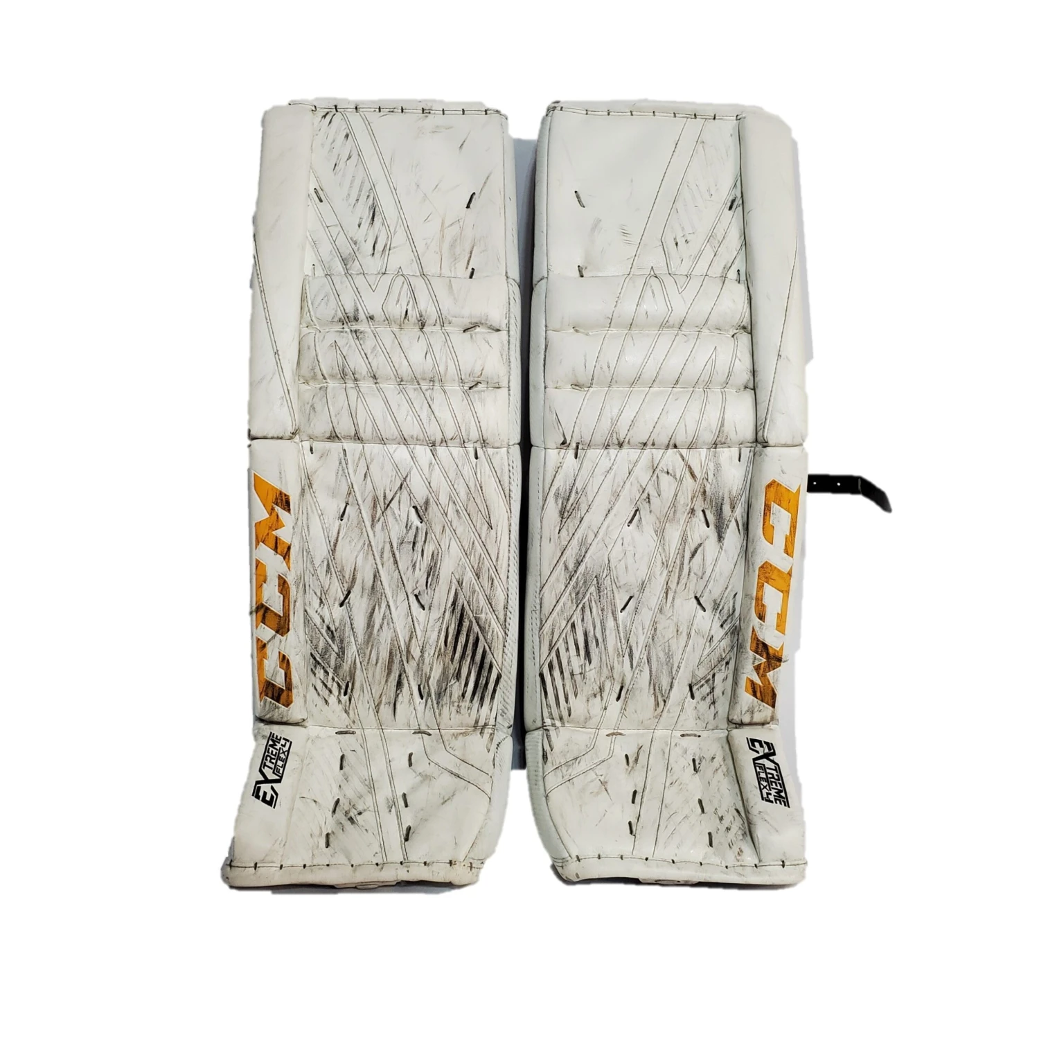 CCM Extreme Flex IV - Used Pro Stock Goalie Pads - (White/Yellow/Black) 1 CCM Extreme Flex IV - Used Pro Stock Goalie Pads - (White/Yellow/Black)